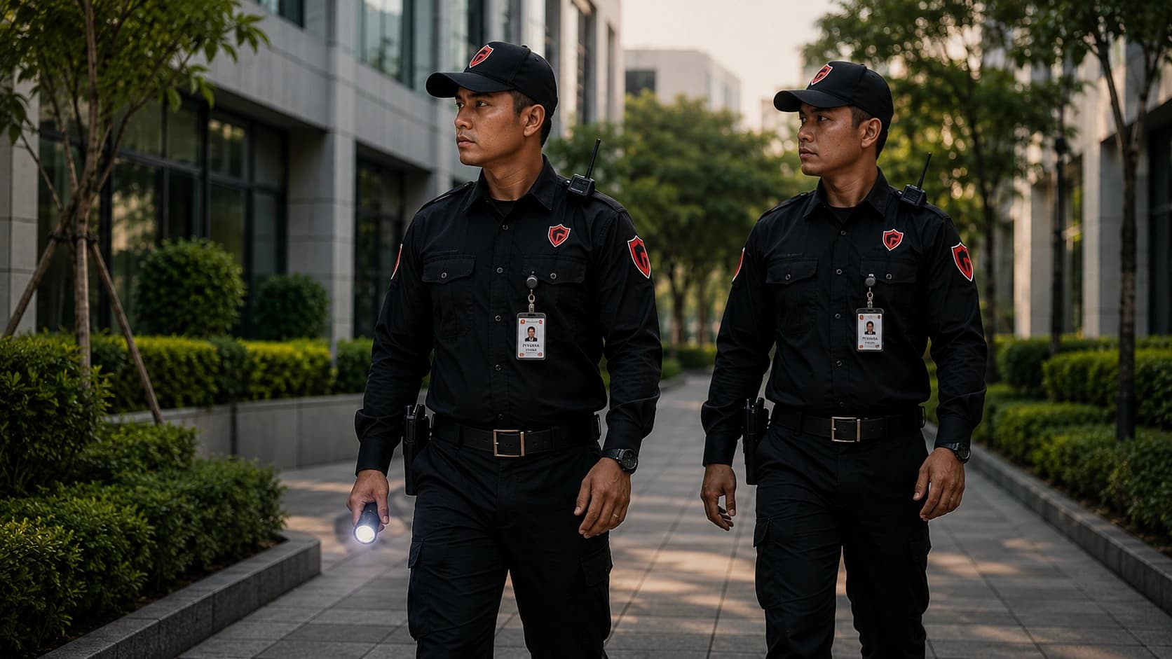 Petugas keamanan menjaga gedung